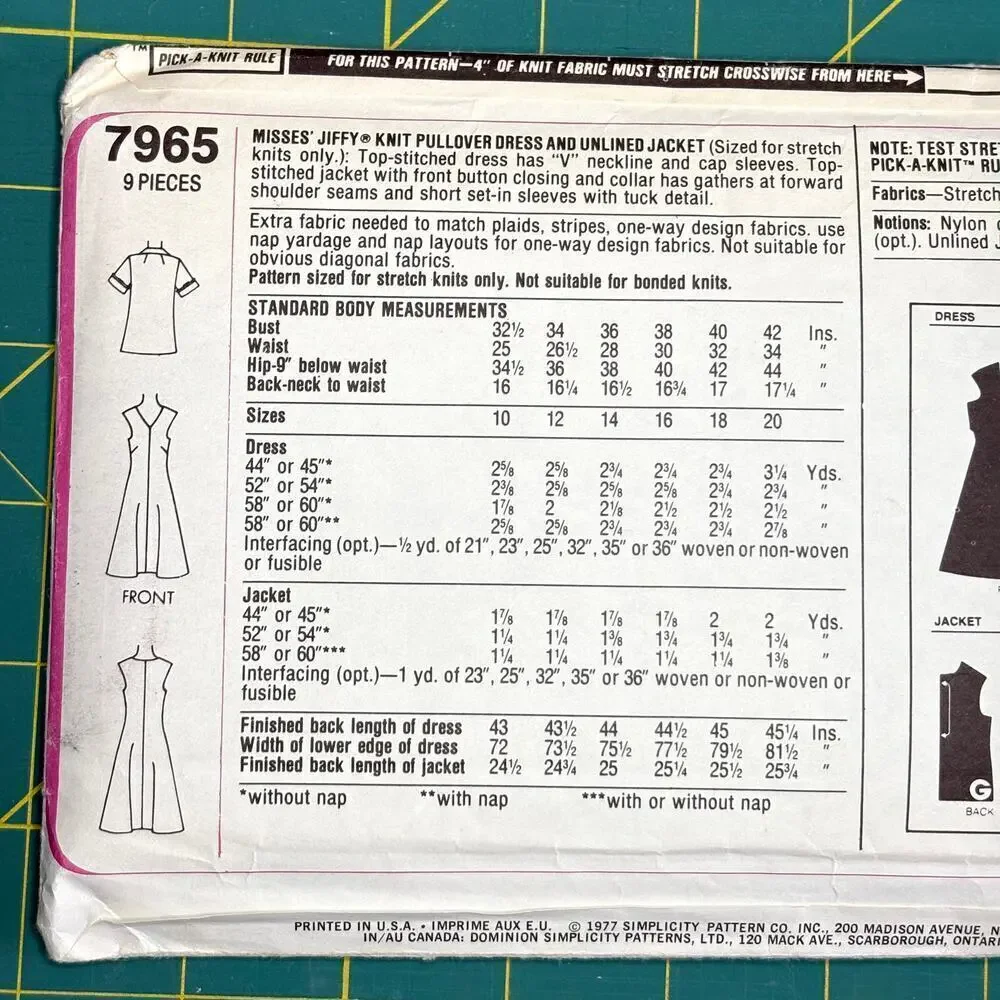 Vtg Uncut Misses Jiffy Knits Pullover Dress, Jacket Pattern Simplicity 7965 Sz10